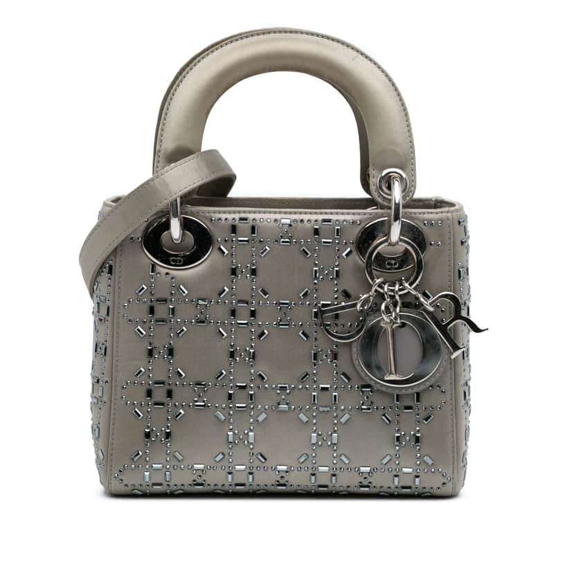 Dior Mini Satin Cannage Strass Crystal Embellished Lady Dior Grey Satin Good condition - Front View