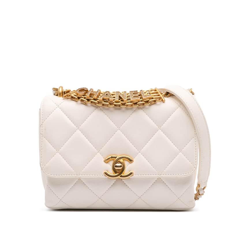 Chanel Mini Quilted Lambskin Crystal Logo Letters Chain Flap White Leather Good condition - Front View