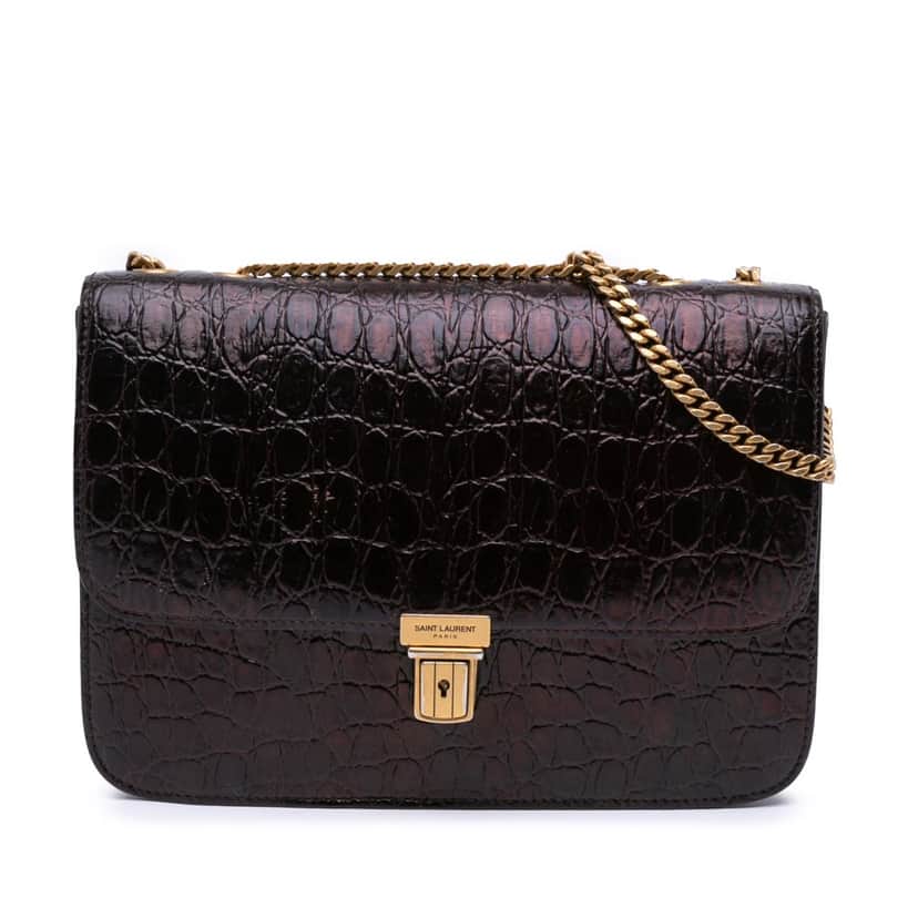 Saint Laurent Croc Embossed Leather Tuc Chain Shoulder Bag Brown Leather Good condition - Front View