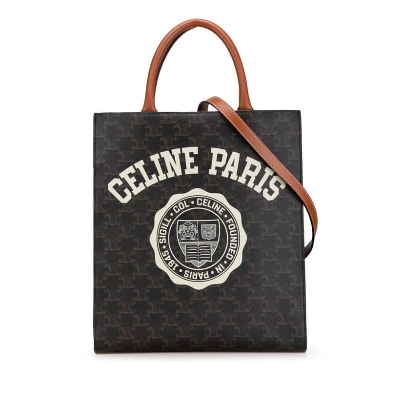 Celine Small Paris Print Triomphe Coated Canvas Vertical Cabas Tote Brown Canvas Good condition - Front View
