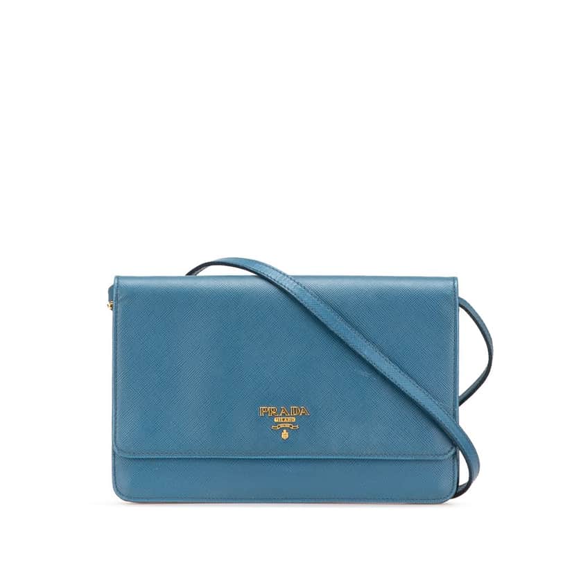 Prada Saffiano Wallet on Strap Blue Leather Good condition - Front View