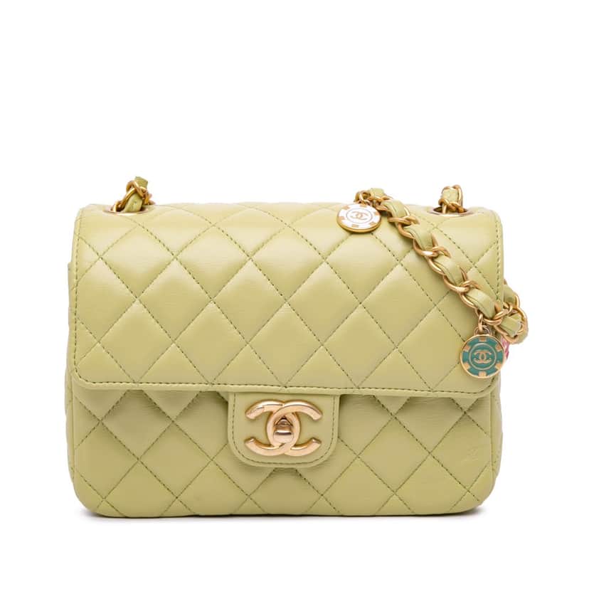 Chanel Mini Square Lambskin Casino Royale Charms Single Flap Green Leather Good condition - Front View
