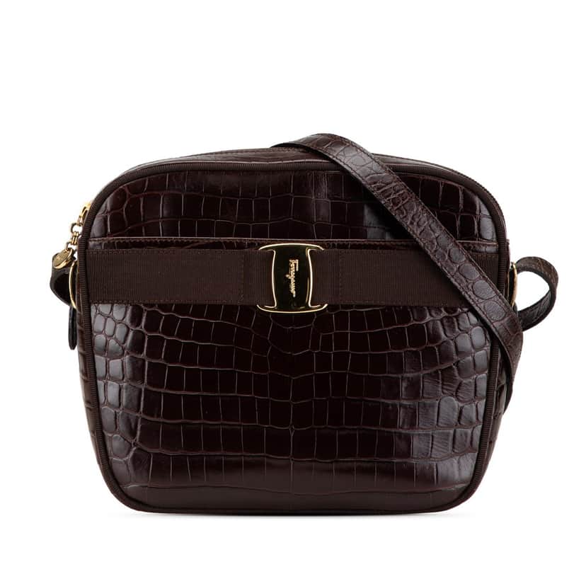 Salvatore Ferragamo Croc Embossed Calfskin Vara Crossbody Brown Leather Good condition - Front View