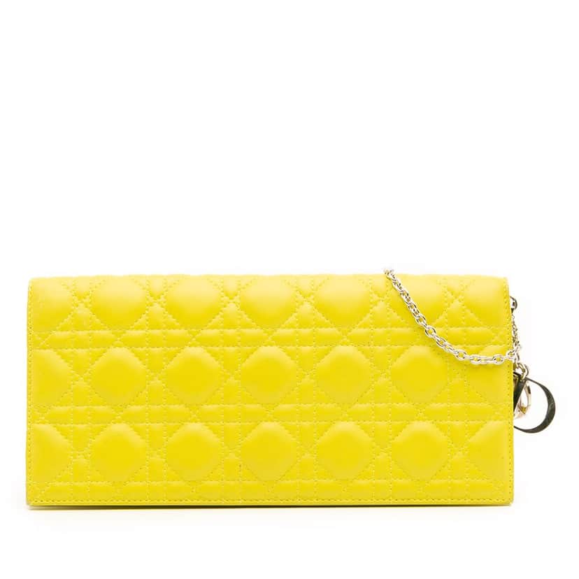 Dior Lambskin Cannage Lady Dior Wallet On Chain Yellow Leather Good condition - Front View