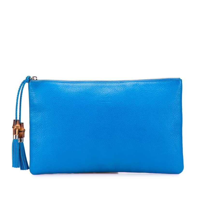 Gucci Calfskin Bamboo Tassel Clutch Blue Leather Good condition - Front View