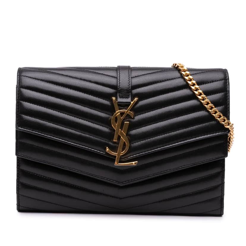 Saint Laurent Lambskin Chevron Monogram Sulpice Chain Wallet Black Leather Good condition - Front View