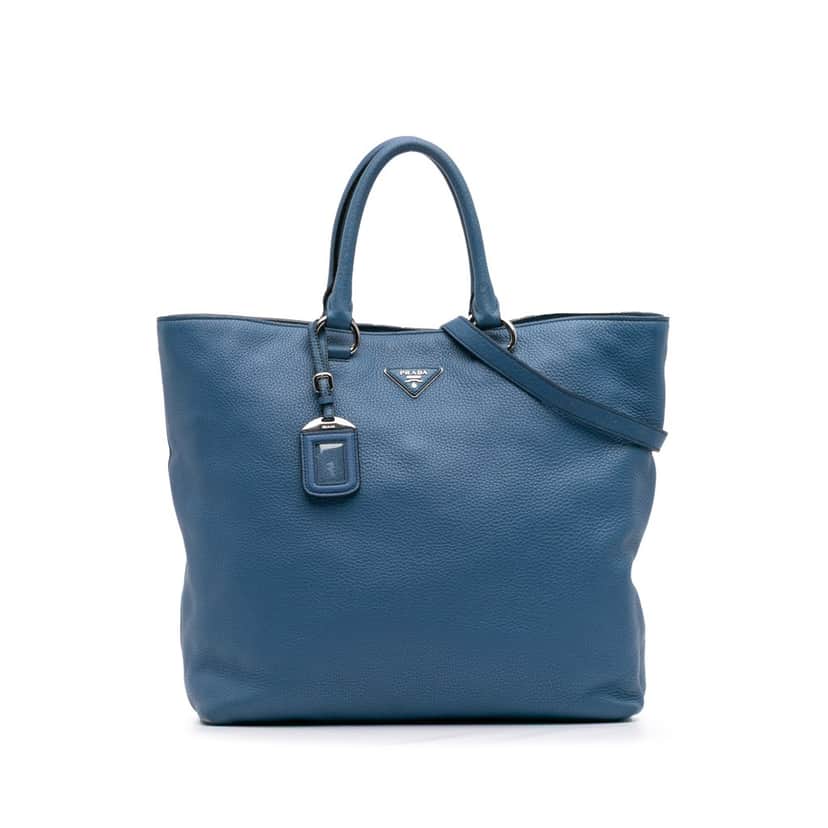 Prada Vitello Daino Open Convertible Tote Blue Leather Good condition - Front View