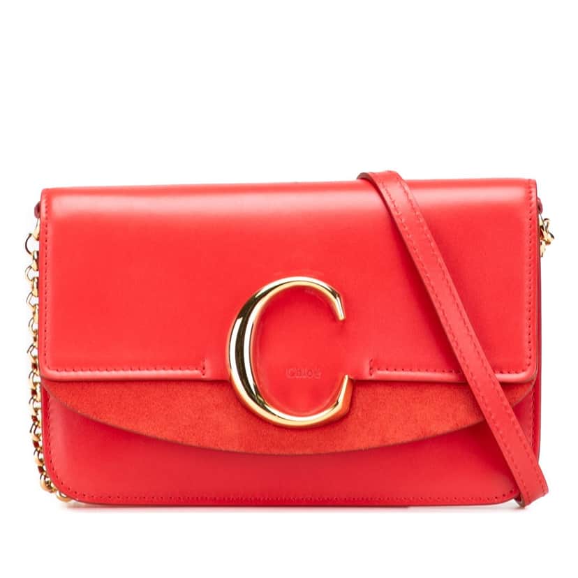 Salvatore Ferragamo Small Calfskin and Suede C Clutch With Chain Red Leather Good condition - Front View