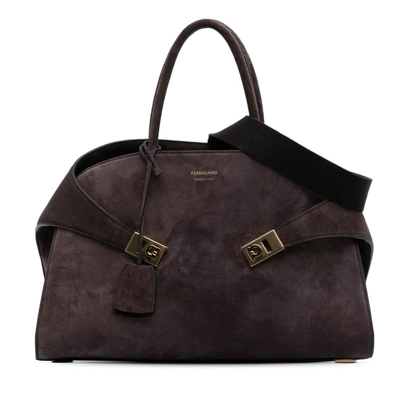 Salvatore Ferragamo Large Suede Hug Top Handle Bag Brown Leather Good condition - Front View