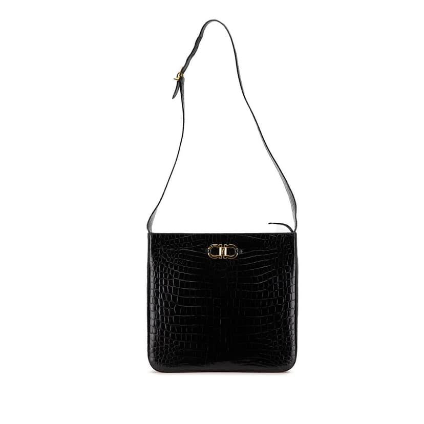 Salvatore Ferragamo Croc Embossed Leather Gancini Crossbody Black Leather Good condition - Front View
