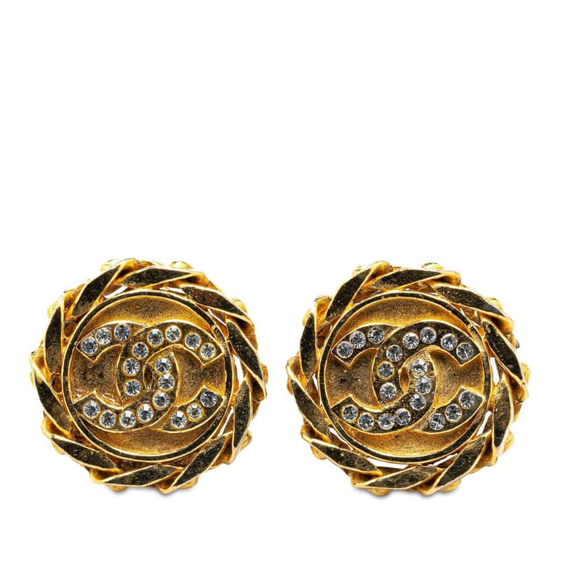 Chanel Gold Plated Rhinestone CC Clip On Earrings Gold Metal Good condition - Front View