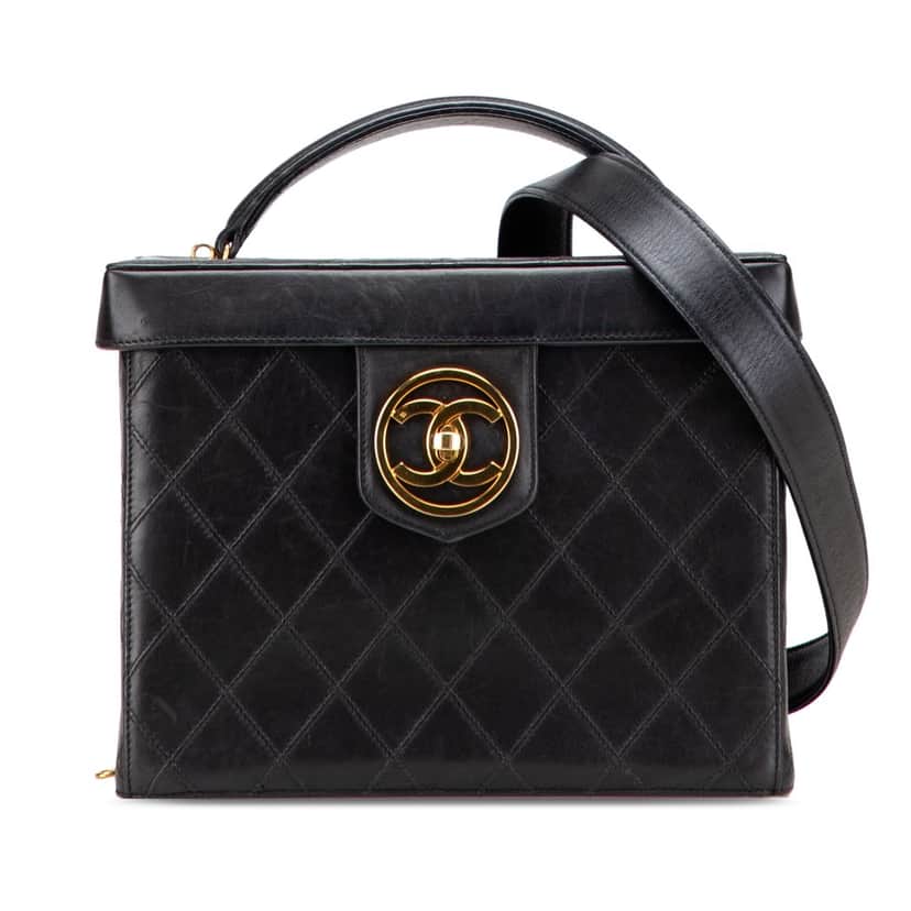 Chanel CC Stitched Calfskin Turnlock Vanity Case Black Leather Good condition - Front View