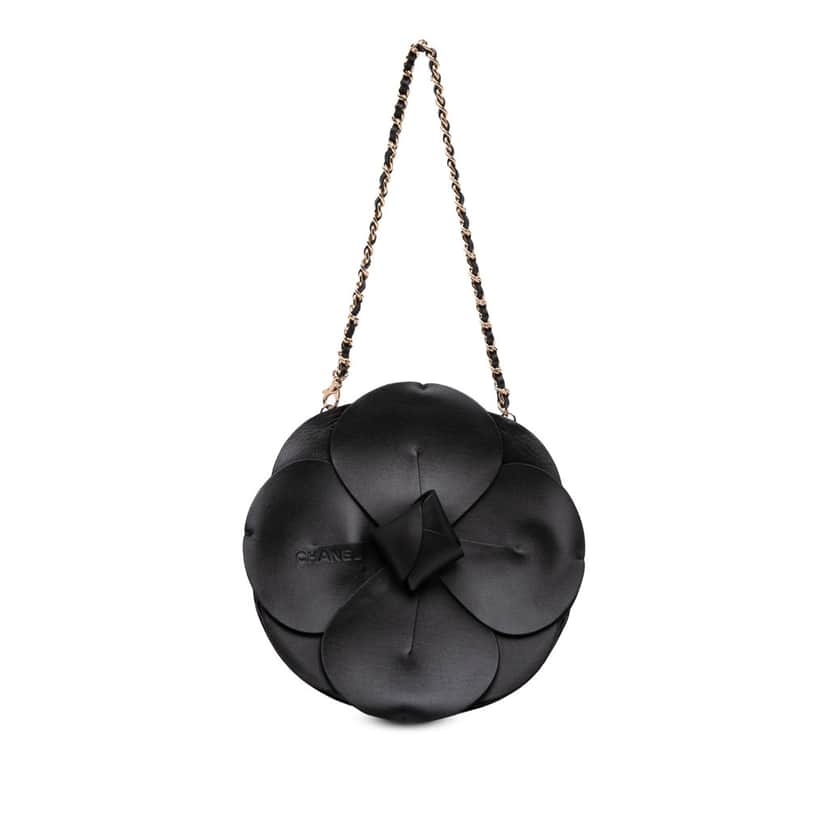 Chanel Lambskin and Satin Camellia Flower Evening Bag Black Leather Good condition - Front View