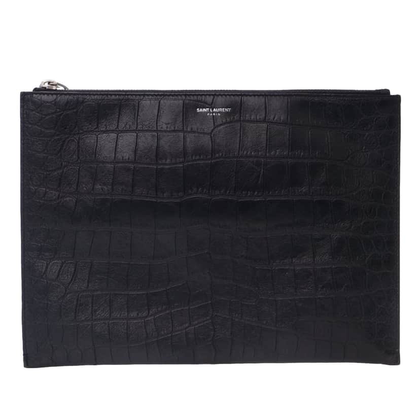 Saint Laurent Croc Embossed Leather Clutch Black Leather Good condition - Front View
