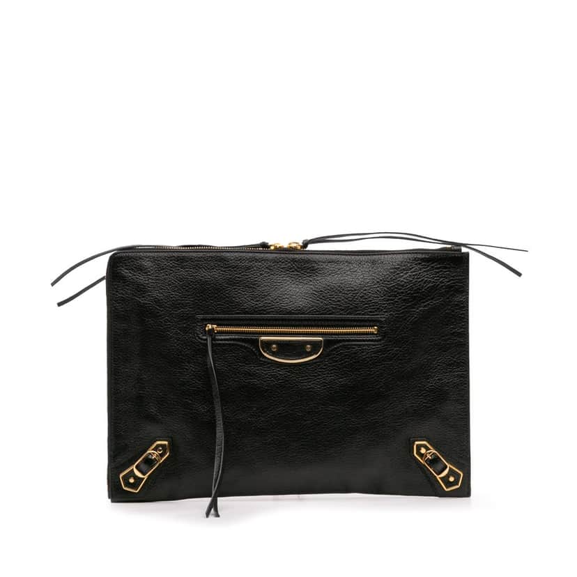 Balenciaga Goatskin Motocross Classic Metallic Edge Clutch Black Leather Good condition - Front View
