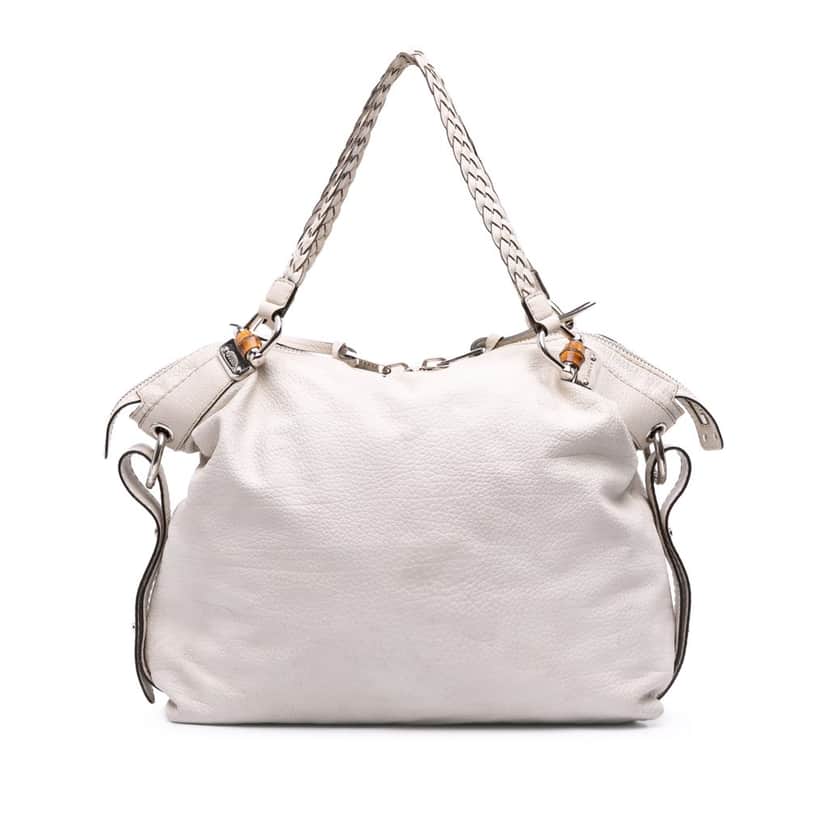 Gucci Large Pebbled Calfskin Bamboo Bar Tassel Tote White Leather Good condition - Front View