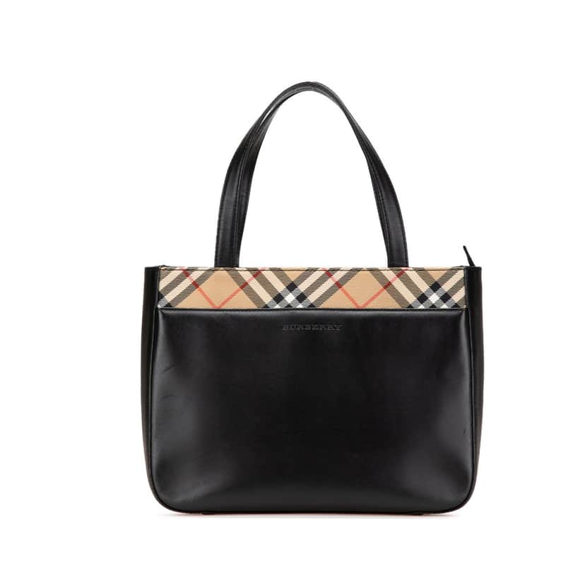 Burberry Nova Check Trimmed Leather Handbag Black Leather Good condition - Front View