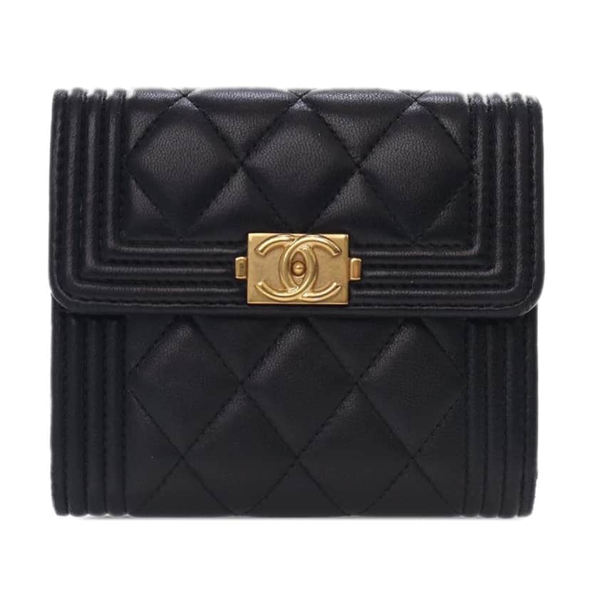 Chanel Lambskin Boy Flap Compact Wallet Black Leather Good condition - Front View
