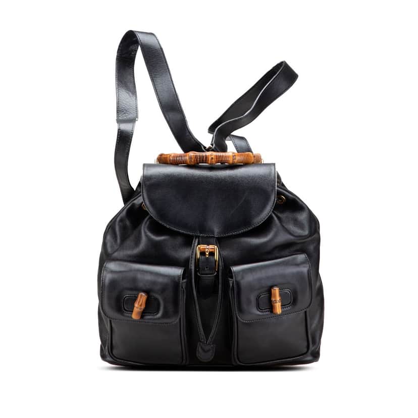 Gucci Calfskin Bamboo Drawstring Backpack Black Leather Good condition - Front View