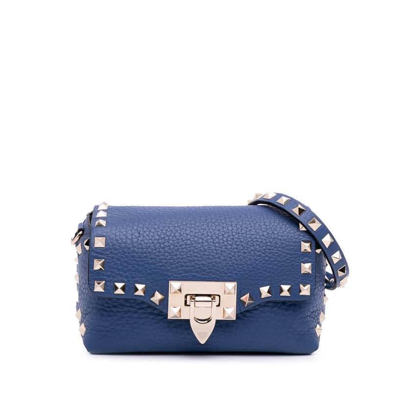 Valentino Mini Pebbled Calfskin Rockstud Flap Crossbody Blue Leather Good condition - Front View