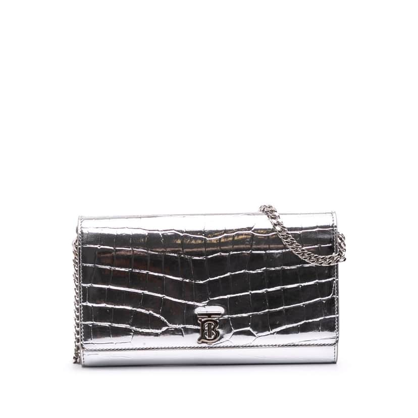 Burberry Croc Embossed Metallic Calfskin Hannah Wallet On Chain Silver Leather Good condition - Front View
