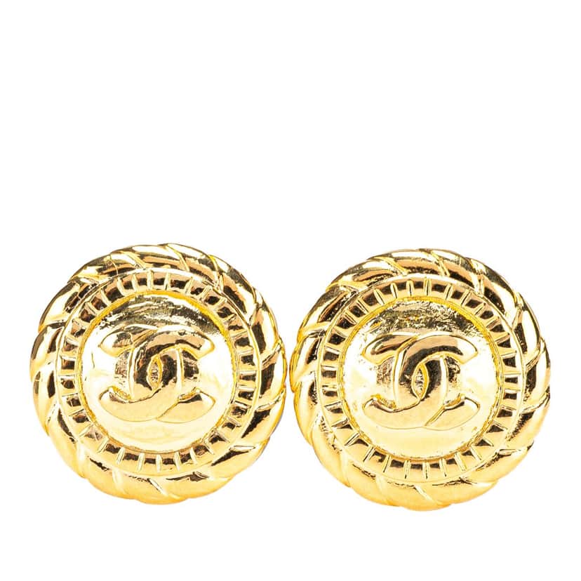 Chanel Gold Plated CC Button Clip on Earrings Gold Metal Good condition - Front View