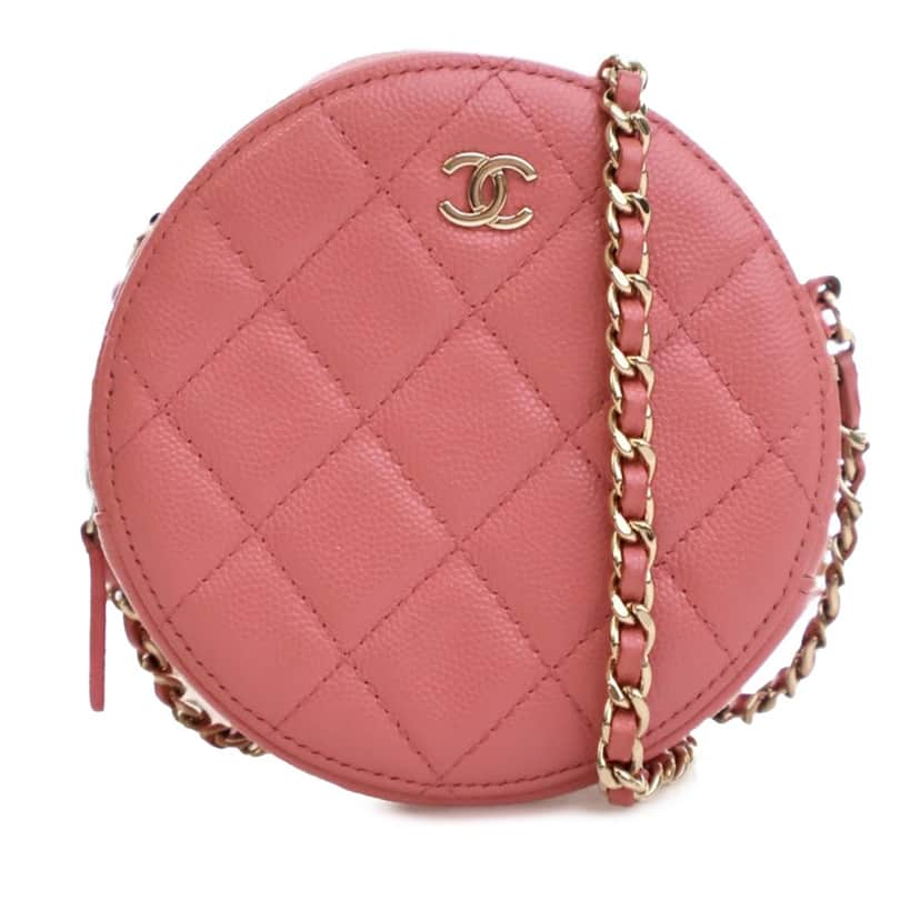 Chanel Quilted Caviar Round Clutch With Chain Pink Leather Good condition - Front View