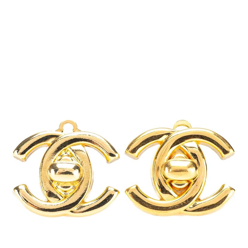 Chanel Gold Plated CC Turn Lock Clip On Earrings Gold Metal Good condition - Front View