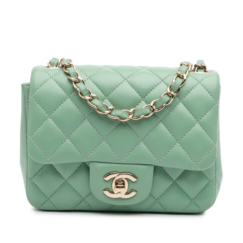 Chanel Mini Square Classic Lambskin Single Flap Green Leather Good condition - Front View