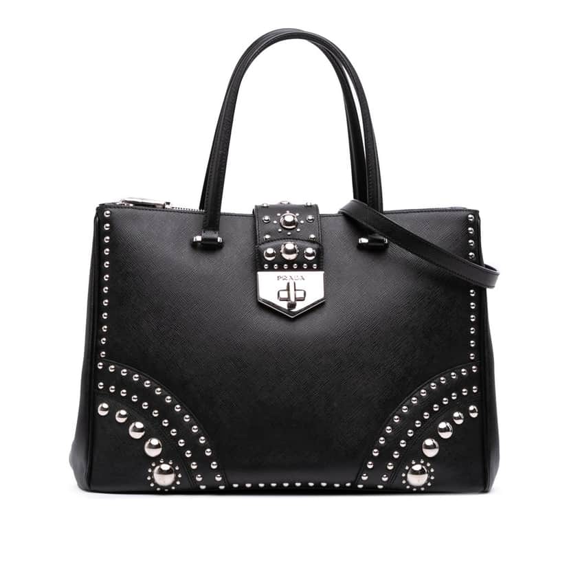 Prada Saffiano Turnlock Double Zip Studded Tote Black Leather Good condition - Front View