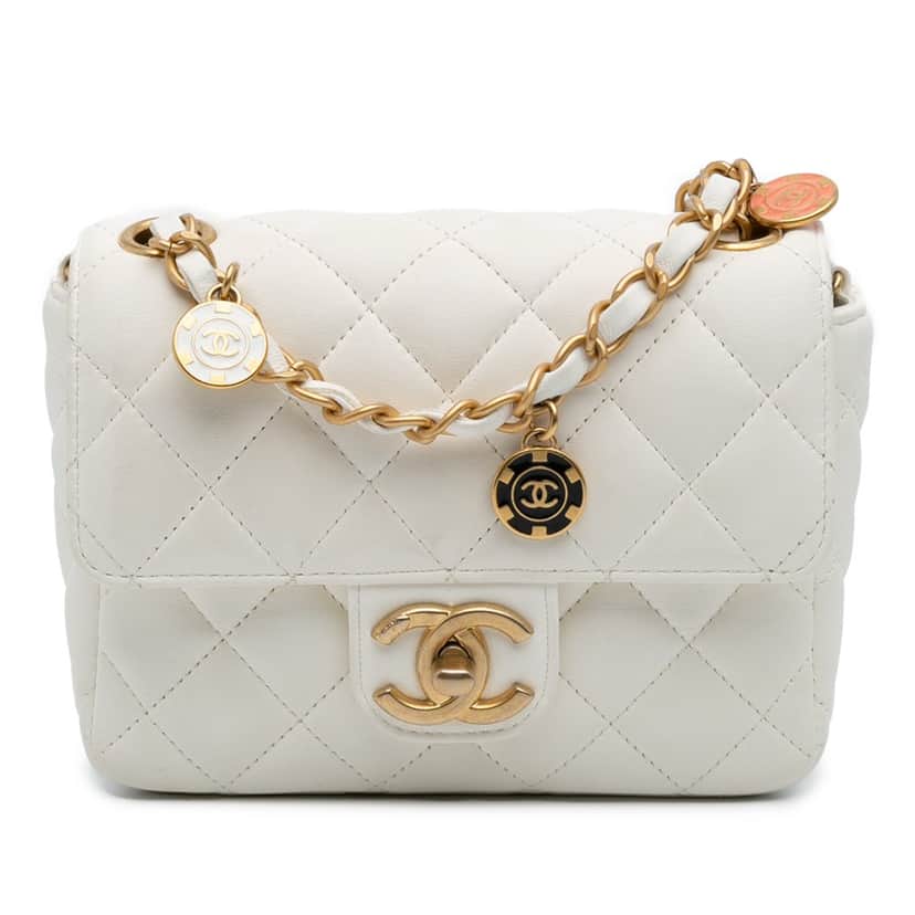 Chanel Mini Square Classic Lambskin Casino Royale Charms Single Flap White Leather Good condition - Front View
