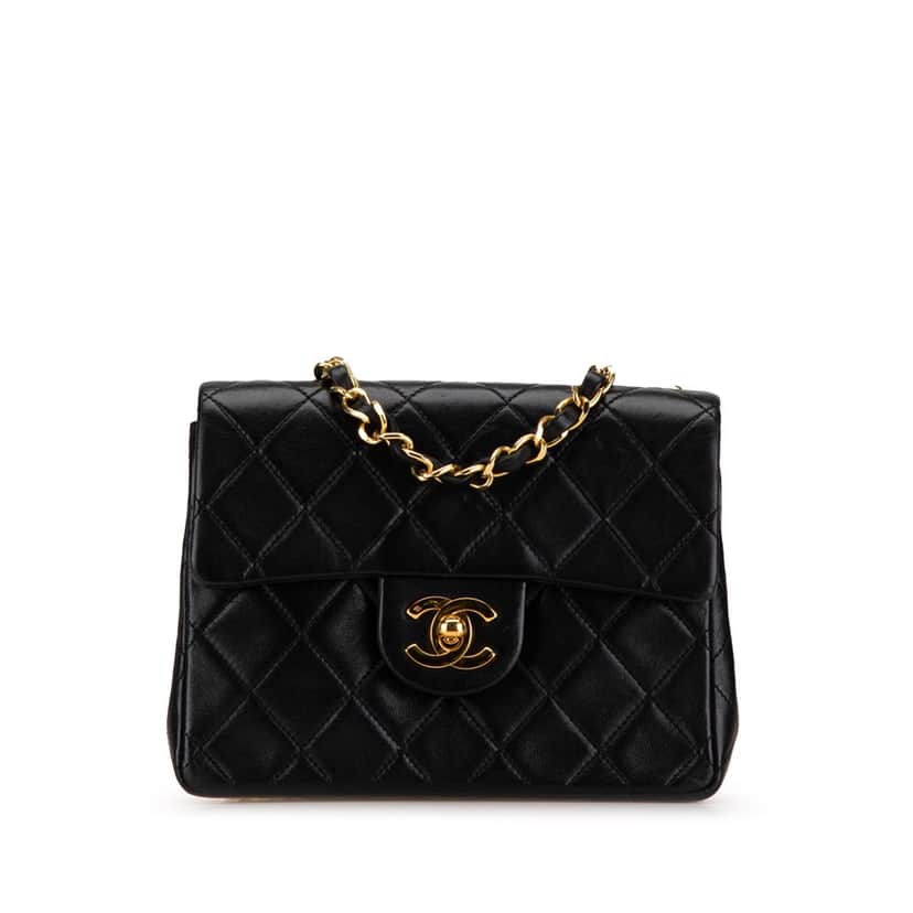 Chanel Mini Square Quilted Lambskin Single Flap Black Leather Good condition - Front View