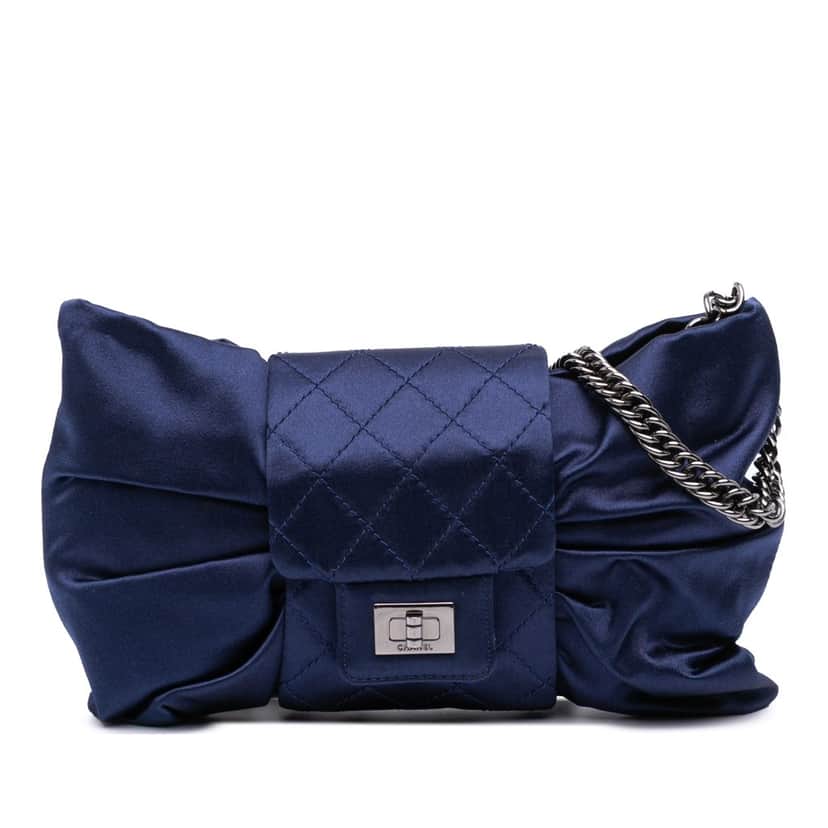 Chanel CC Satin Bow Clutch with Chain Blue Satin Good condition - Front View
