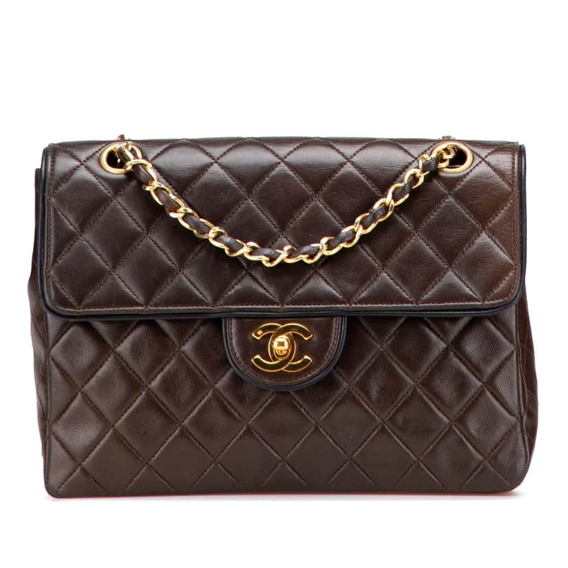 Chanel CC Quilted Lambskin Single Flap Brown Leather Good condition - Front View