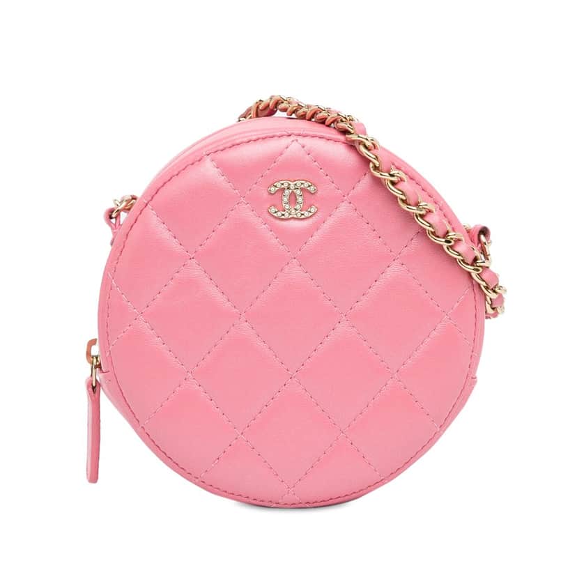 Chanel CC Quilted Lambskin Pearl Crush Round Clutch with Chain Pink Leather Good condition - Front View