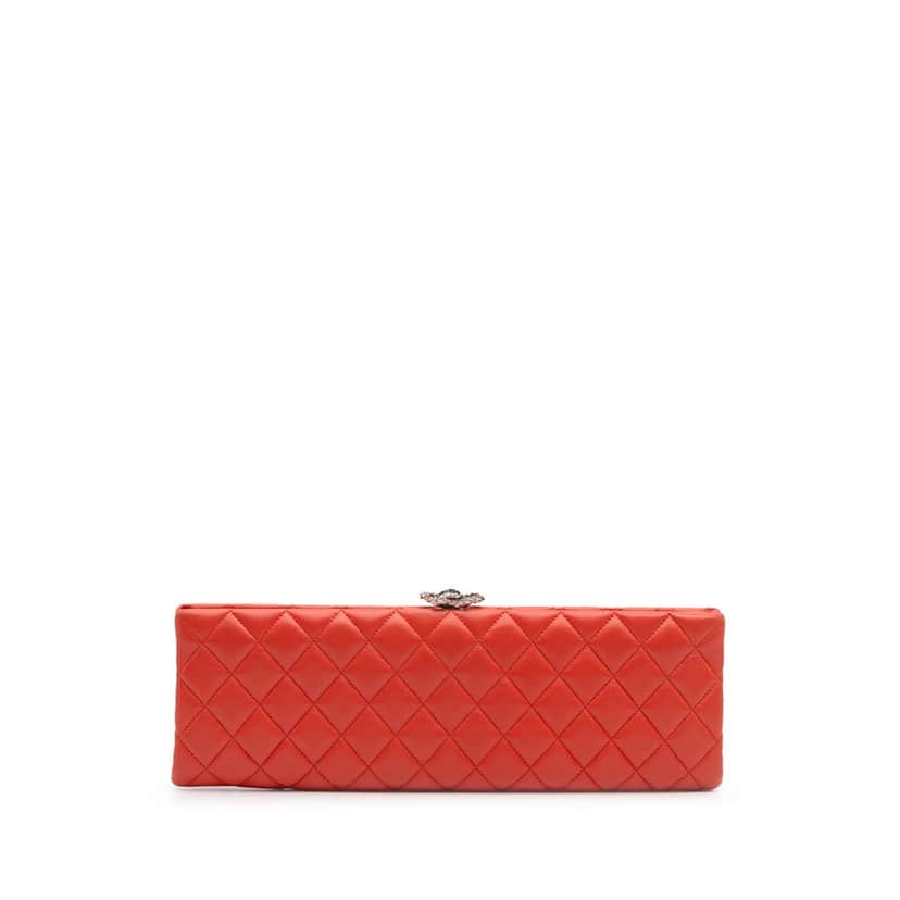 Chanel Quilted Lambskin Crystal Camellia Long Clutch Orange Leather Good condition - Front View