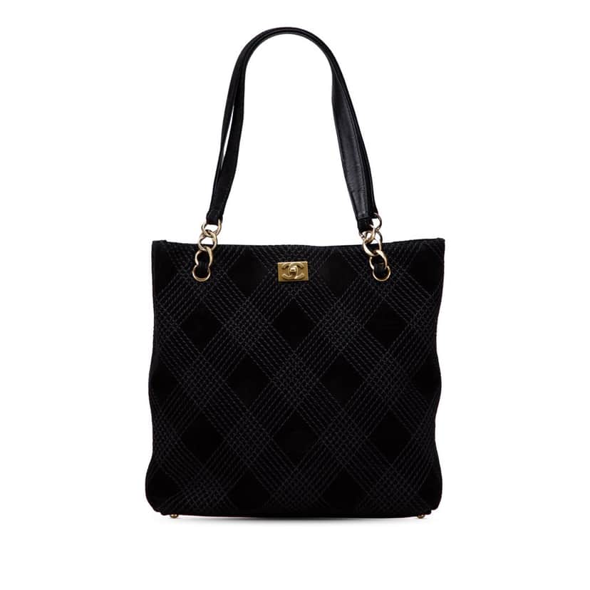 Chanel CC Stitched Suede Tote Black Leather Good condition - Front View