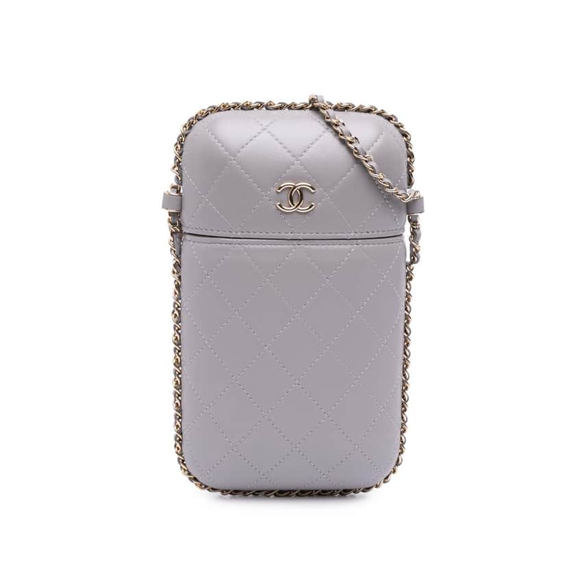 Chanel CC Quilted Lambskin Chain Around Phone Holder Grey Leather Good condition - Front View