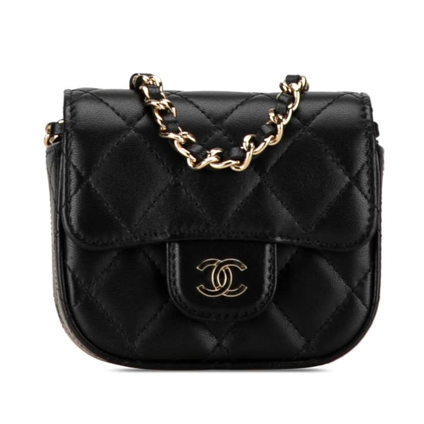 Chanel CC Quilted Lambskin Flap Card Holder On Chain Black Leather Good condition - Front View