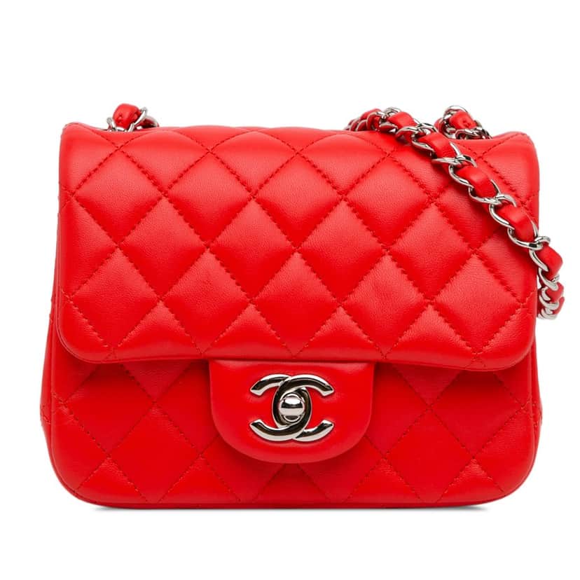 Chanel Mini Square Classic Lambskin Single Flap Red Leather Good condition - Front View