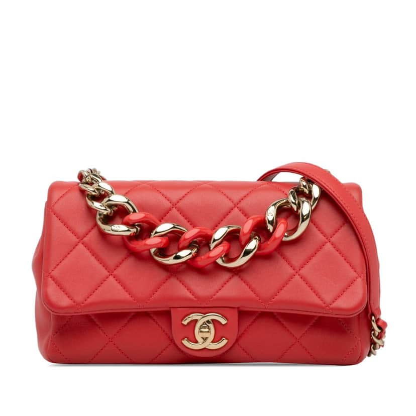 Chanel Small Lambskin Elegant Chain Single Flap Red Leather Good condition - Front View