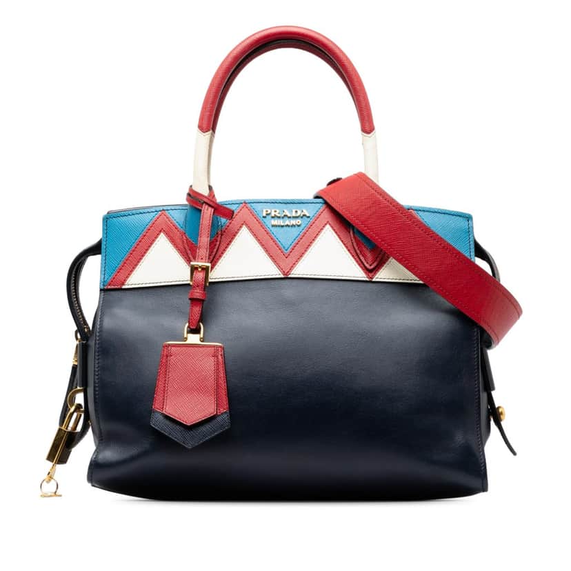 Prada Medium Saffiano Trimmed City Calf Greca Esplanade Satchel Blue Leather Good condition - Front View