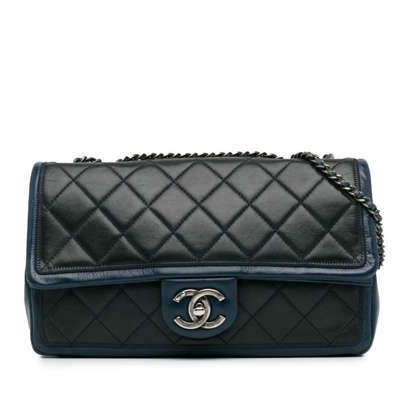 Chanel Medium Bicolor Lambskin Graphic Flap Black Leather Good condition - Front View