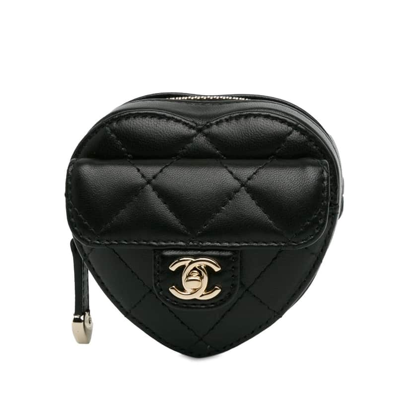 Chanel Lambskin CC In Love Heart Zipped Arm Coin Purse Black Leather Good condition - Front View