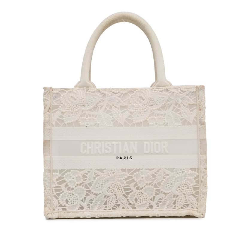 Dior Small D-Lace Embroidery Book Tote White Canvas Good condition - Front View
