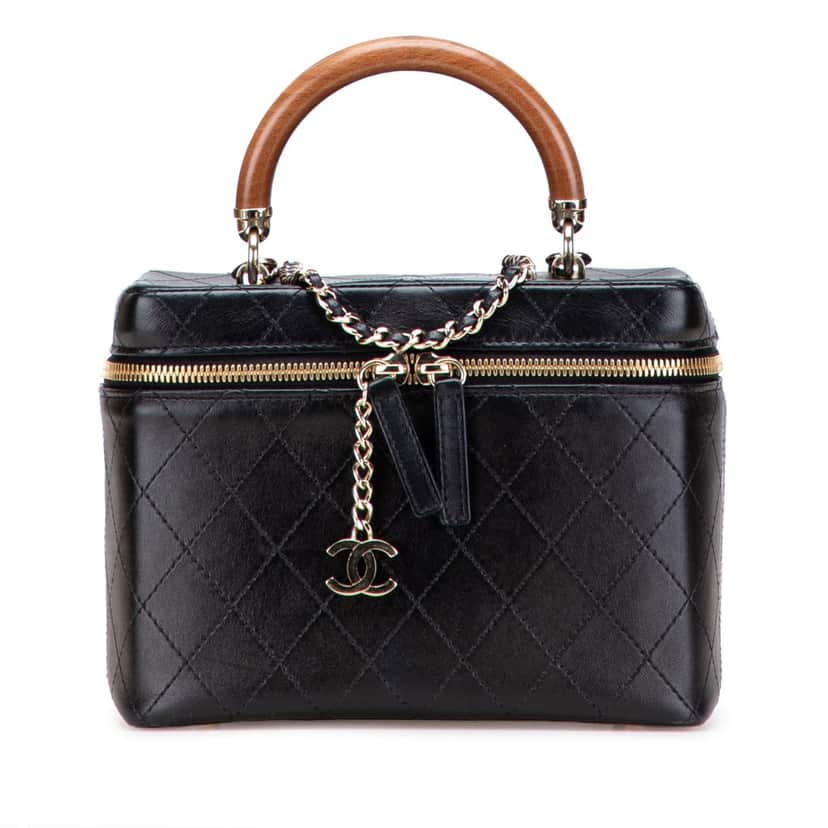 Chanel Large Quilted Lambskin Knock On Wood Vanity Case Black Leather Good condition - Front View