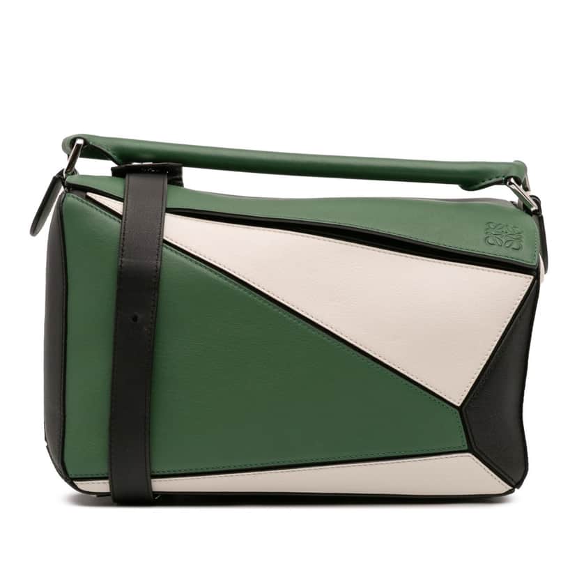 Loewe Medium Tricolor Calfskin Puzzle Satchel Green Leather Good condition - Front View