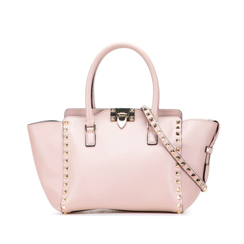 Valentino Small Leather Rockstud Double Handle Tote Pink Leather Good condition - Front View