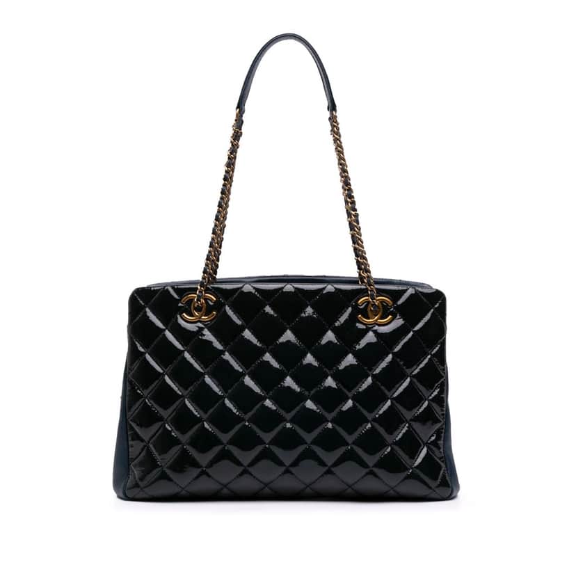 Chanel Paris Salzburg Patent and Goatskin CC Eyelet Tote Blue Leather Good condition - Front View