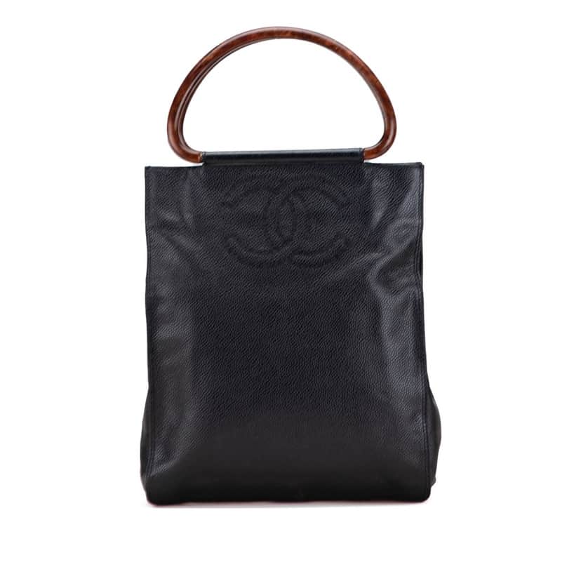 Chanel CC Caviar Wood Top Handle Tote Black Leather Good condition - Front View
